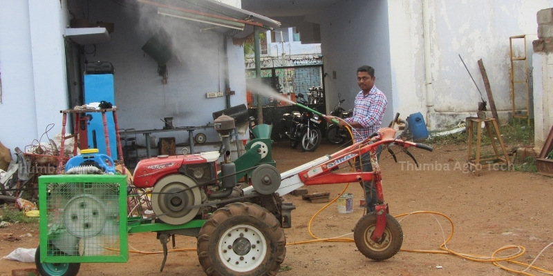 Air operated sprayer mounted on power tiller for farm pesticide and fertilizer application