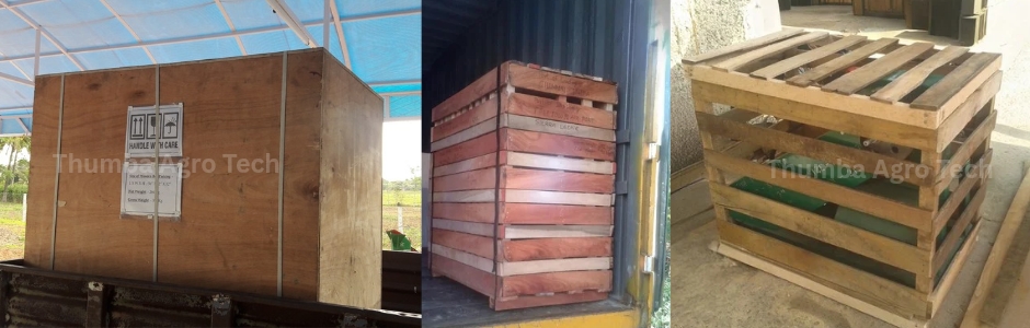 Export-ready wooden crate packing at Thumba Agro Technologies