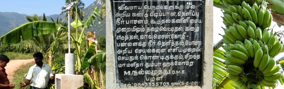Stone inscription at Mr. Narayanan's banana farm, Jolarpettai, praising the RainGun irrigation technique