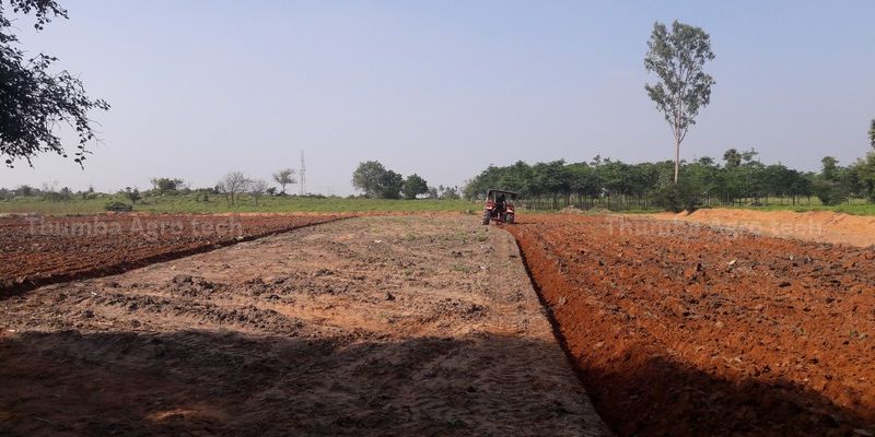 Red sandy soil being mixed with fertile alluvial soil during the initial land preparation at Thumba Agro's natural farm