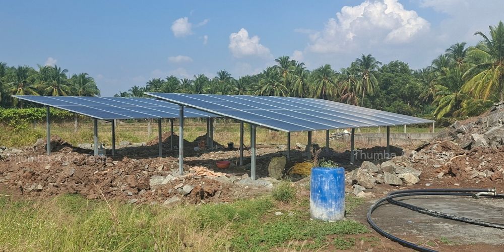 20 kW solar panel system installed by Thumba for a 9 km long-distance irrigation pipeline, coconut farm