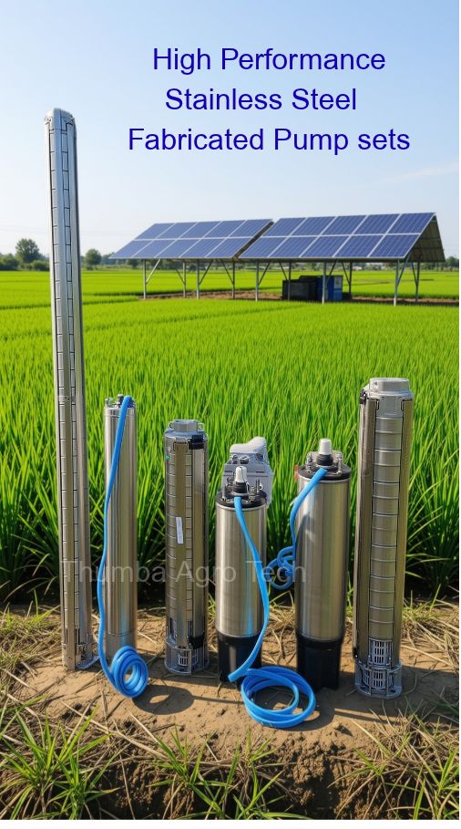 Thumba V4 and V6 stainless steel fabricated submersible pumpsets designed and supplied for solar pumping projects