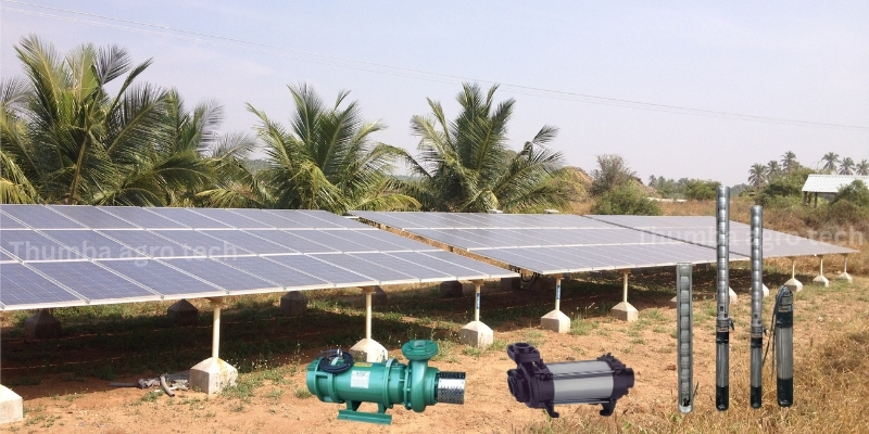 Thumba Solar Agriculture Pumpsets — solar panel array with stainless steel submersible pumpsets, installed on farm with coconut trees